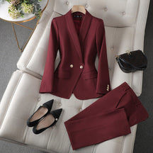 Women's Tailored Shawl Collar Blazer and Straight-Leg Trouser Set - Single-Breasted with Gold-Tone Buttons