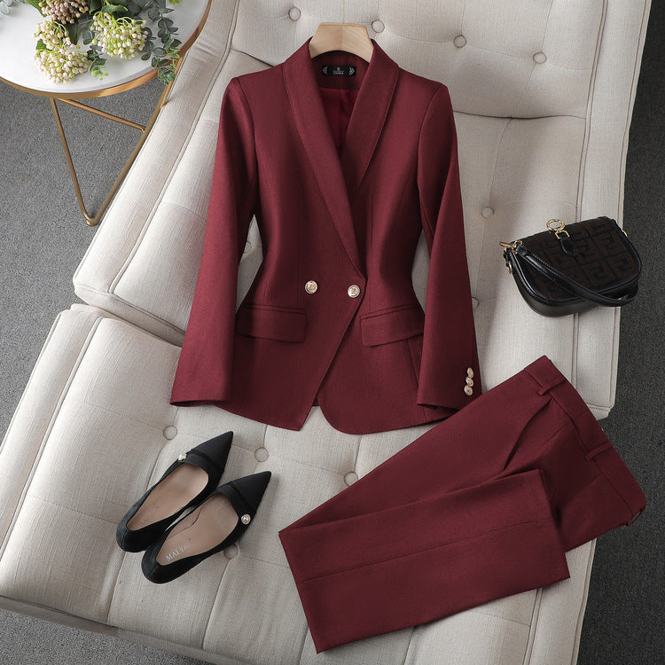 Women's Tailored Shawl Collar Blazer and Straight-Leg Trouser Set - Single-Breasted with Gold-Tone Buttons