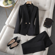 Women's Tailored Shawl Collar Blazer and Straight-Leg Trouser Set - Single-Breasted with Gold-Tone Buttons