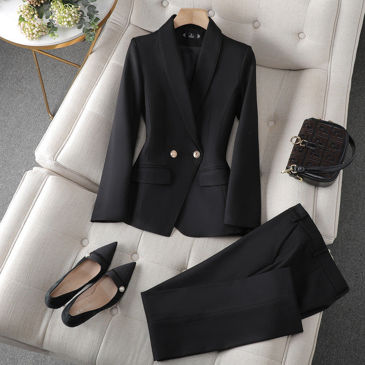 Women's Tailored Shawl Collar Blazer and Straight-Leg Trouser Set - Single-Breasted with Gold-Tone Buttons