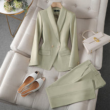Women's Tailored Shawl Collar Blazer and Straight-Leg Trouser Set - Single-Breasted with Gold-Tone Buttons