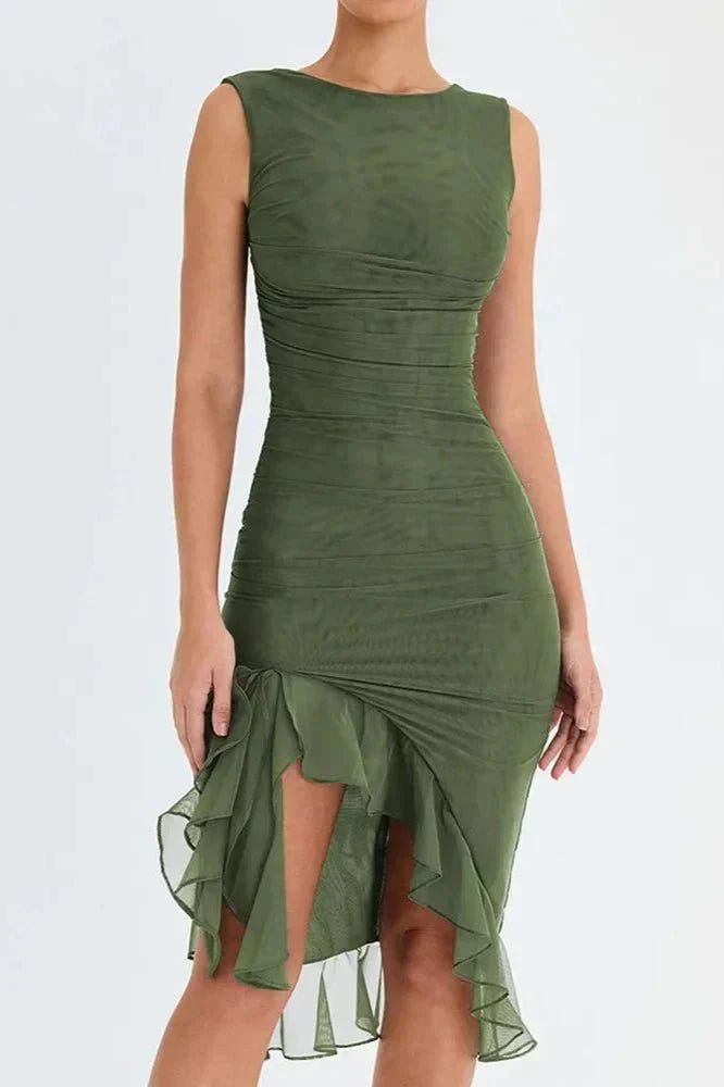 Aurevia | Women Ruched Sleeveless Midi Wedding Guest Dress