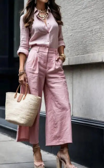 Women's Two Piece Set - Long-Sleeve Button-Down Shirt and High-Waist Wide-Leg Cropped Trousers