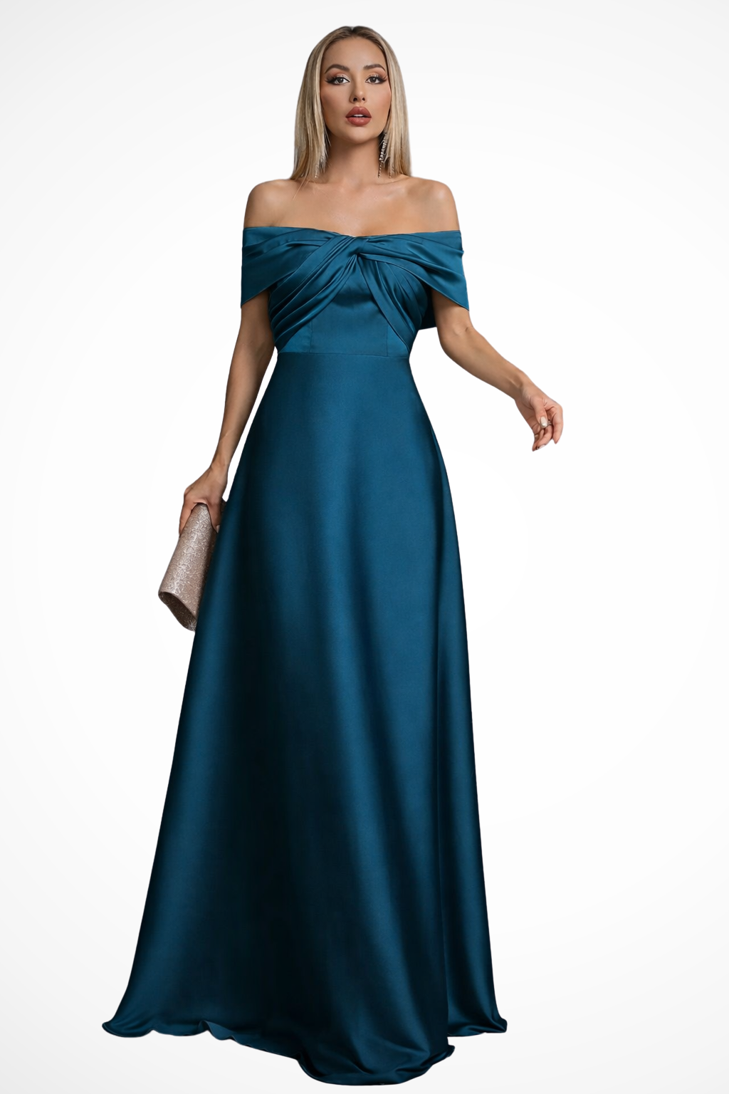 Lauren | Women Off Shoulder Twisted Knot Pleated Satin Wedding Guest Maxi Dress