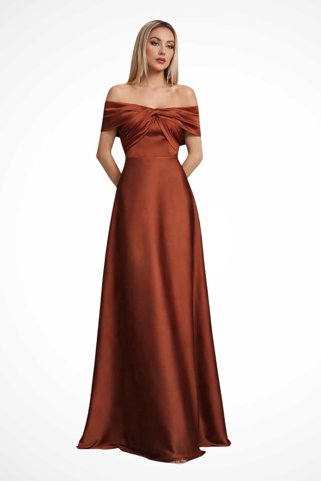 Lauren | Women Off Shoulder Twisted Knot Pleated Satin Wedding Guest Maxi Dress