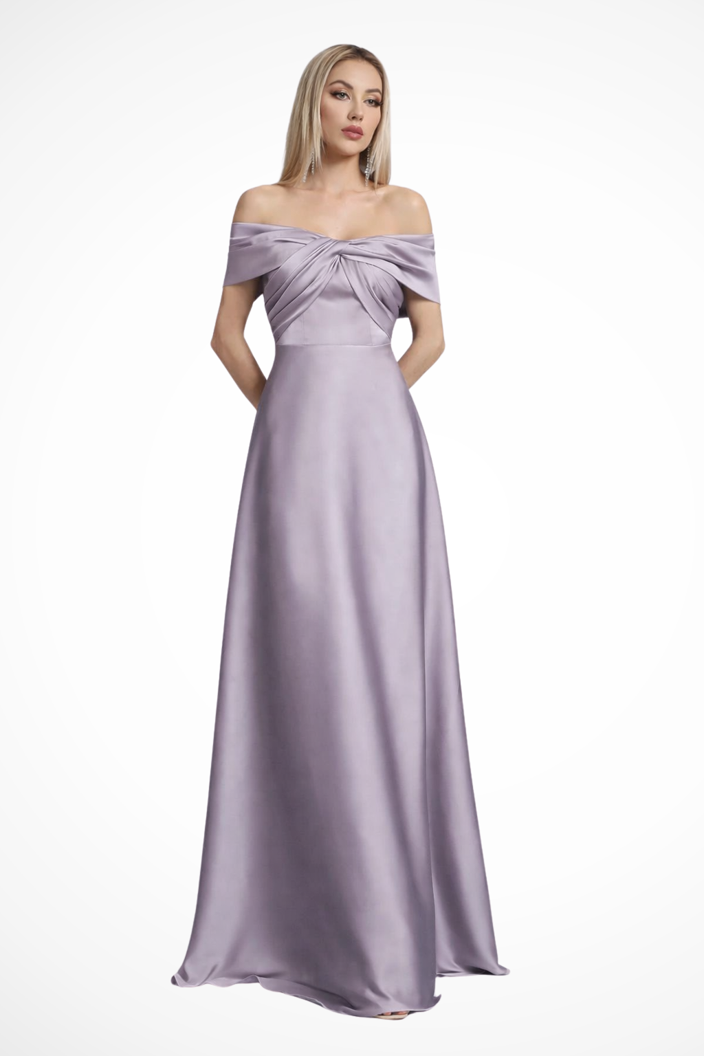 Lauren | Women Off Shoulder Twisted Knot Pleated Satin Wedding Guest Maxi Dress