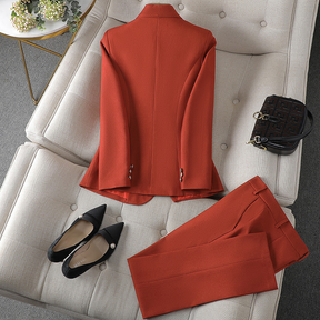 Women's Tailored Shawl Collar Blazer and Straight-Leg Trouser Set - Single-Breasted with Gold-Tone Buttons