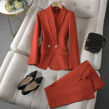 Women's Tailored Shawl Collar Blazer and Straight-Leg Trouser Set - Single-Breasted with Gold-Tone Buttons